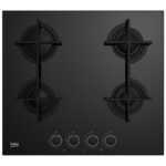 Beko HILG64225SB Table de cuisson gaz 4 brûleurs Grilles fonte Verre noir 60 cm