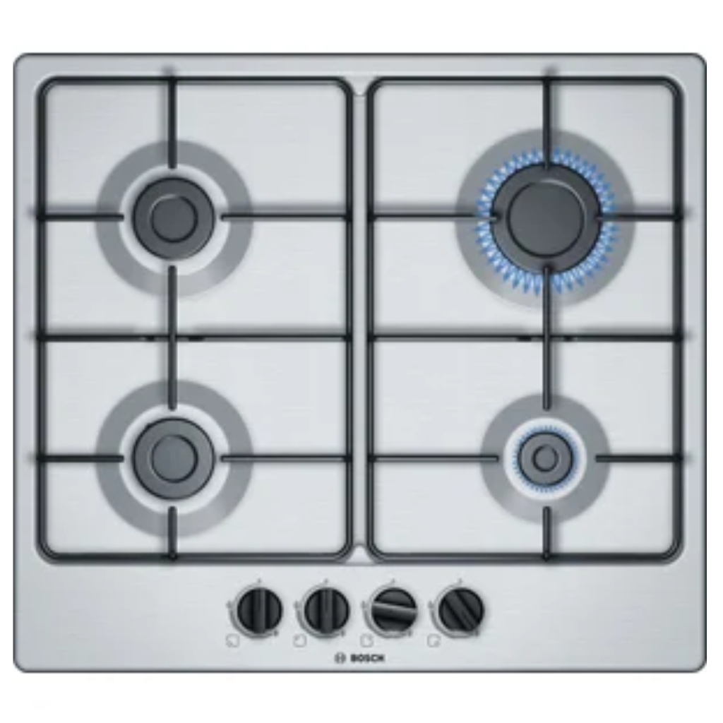Bosch-PGP6B5B85-Piano-cottura-Acciaio-inossidabile-Da-incasso-58-cm-Gas-4-Fornelloi.jpg Bosch PGP6B5B85 Table de cuisson gaz Inox 58 cm 4 brûleurs – Image 1